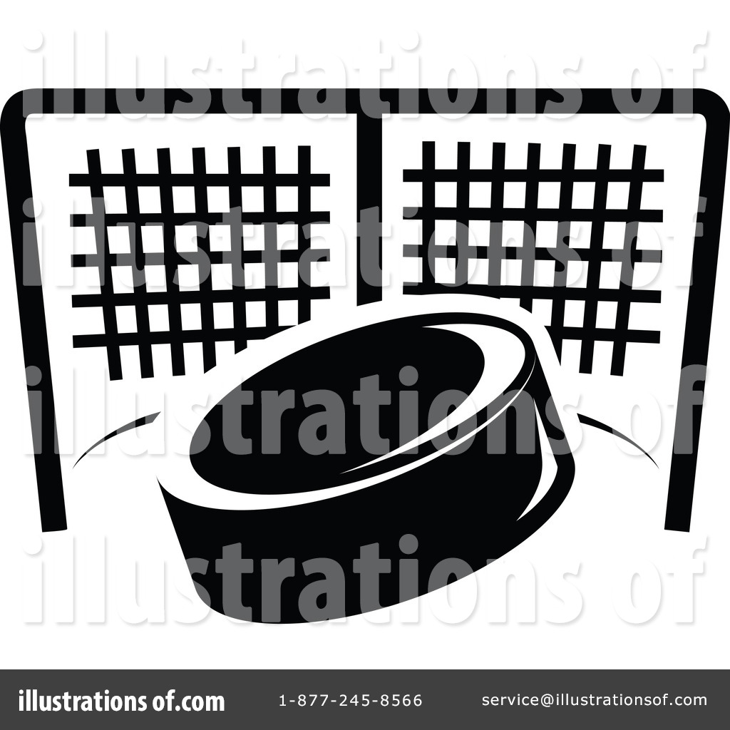 Clipart of a Black and White Hockey Puck and Net - Royalty Free